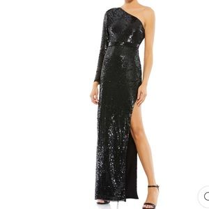 Mac Duggal Sequin One Sleeve Column Gown Black Sz 2